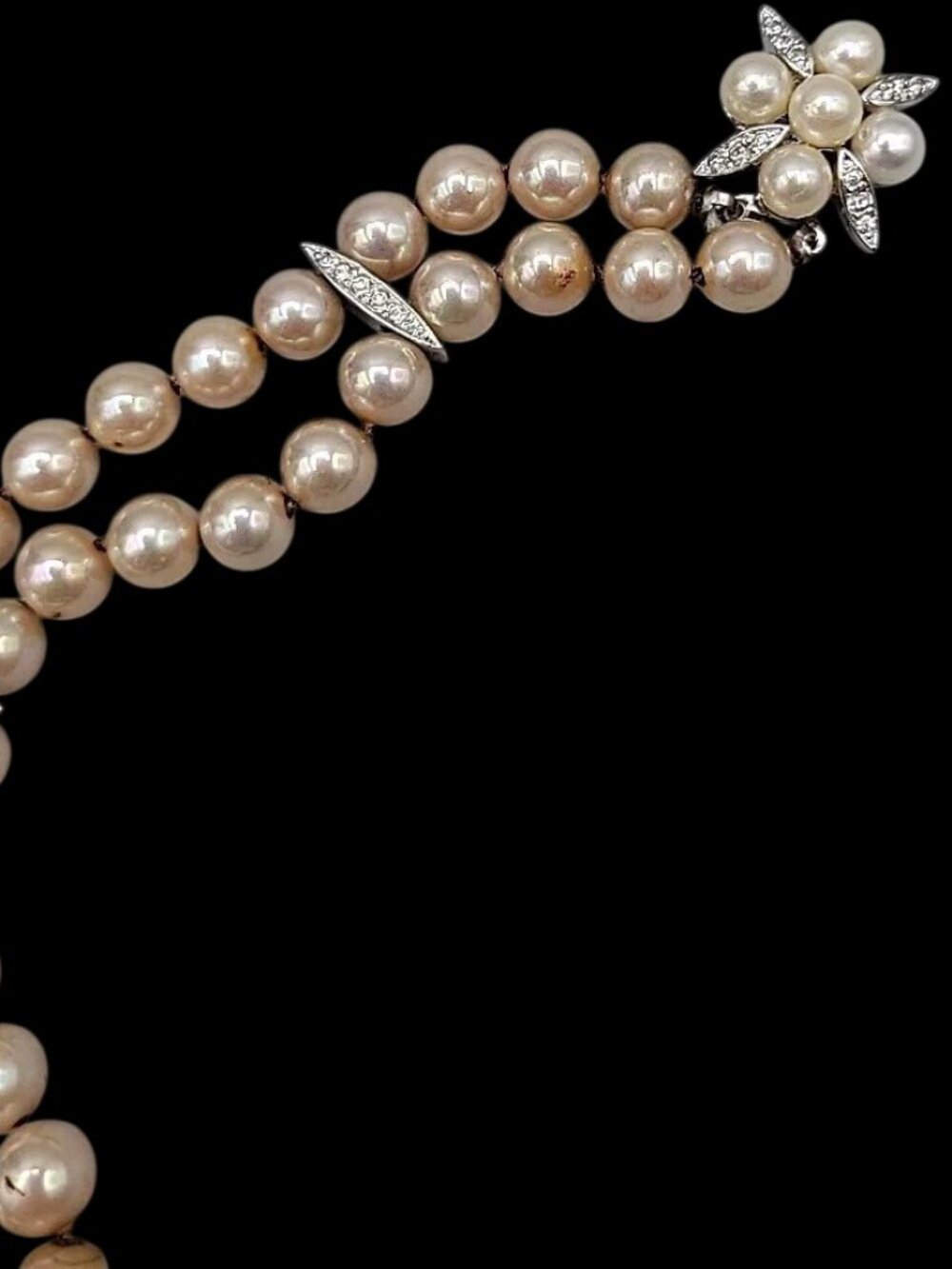 Vintage Panetta Double Strand Champagne Faux Pearl Bracelet Rhinestone Clasp